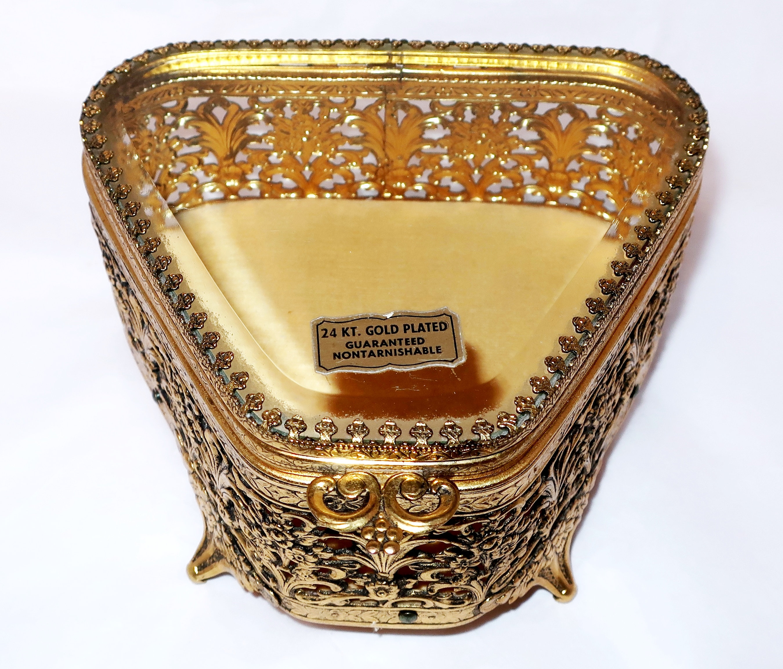 Vintage VANITY TRINKET Box Jewelry Casket Beveled Glass Lidded Triangle 24K Gold Plated Gilt Filigree Footed Elegant Hollywood Regency Gift