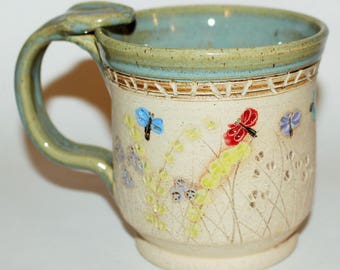 Pottery Mug Handmade Stoneware Dragonfly In The Meadow Coffee Cup