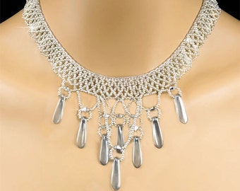 Statement Bridal Necklace, Silver Netted Collar Bridal Necklace, Bridesmaid Beadwork Netted Necklace, Wedding Necklace - Andrei WN0151