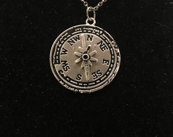 Compass, silver pendant necklace