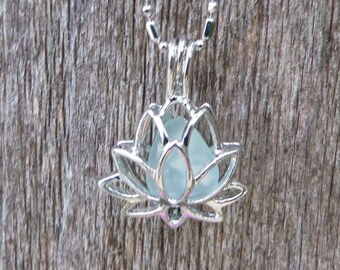 Necklace Sea Glass Lotus Flower Yoga Jewelry Water Lilly Locket Pale Aqua by Wave of LIfe™
