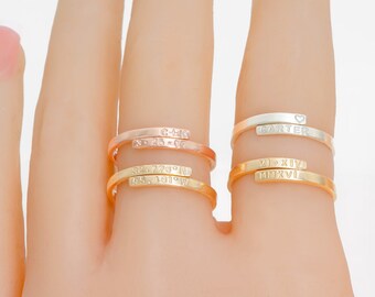 Petite and Dainty Personalized Bar Ring • Hand Stamped Skinny Wrap Ring, Hug Ring • Coordinate, Date, Roman Numeral, Name, Symbol Ring