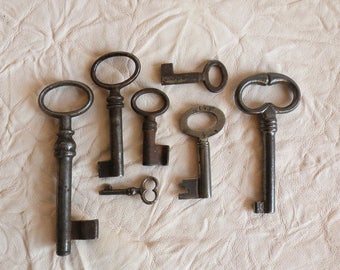 antique keys, vintage keys, skeleton keys, barell keys, collectible French ornate keys, iron keys - wall decor, 7 skeleton keys (S-3)