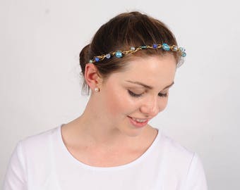 Beaded Rustic Wedding Hair Piece Unique Blue Bridal Halo Hair Vine Headband Bridal Circlet Wedding Headpiece Wire and Bead Princess Tiara