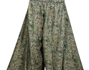 Green High Waist Wide Leg Divided Maxi Skirt Flared Vintage Recycled Silk Sari Printed Green White Split Skirts S/M