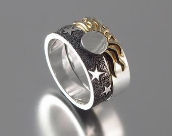 SOLAR ECLIPSE Sun and Moon Engagement Ring and Wedding Band in silver and 14k gold
