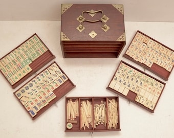 Vintage Mahjong Bone Bamboo Tile Game Set Wooden Box Drawers Asian Zen Dresser; FREE SHIPPING USA