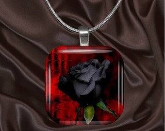 Black Rose Glass Tile Pendant with your choice of chain included(blackrose2)