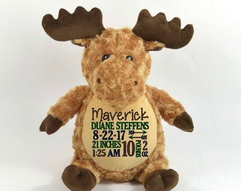 Personalized Stuffed Animal, Personalized Moose, Embroidered Stuffed Animal, Birth Announcement, Custom Moose Keepsake, New Baby Gift