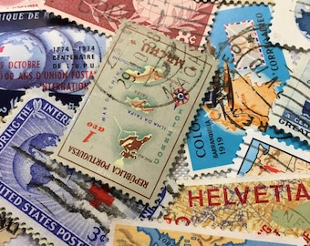 25 Postage Stamps, Map stamps, Vintage Postage Stamps, Maps, Globe, Used Stamps, Travel Stamps, Travel Journal