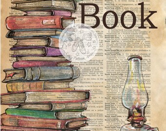 PRINT: Book Mixed Media Drawing on Distressed, Dictionary Page