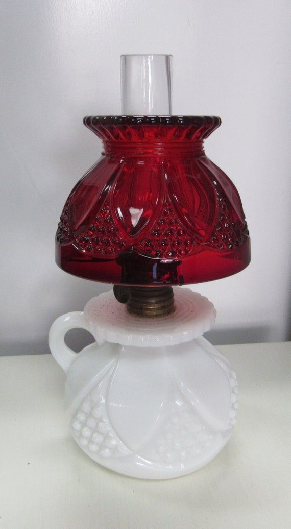 Antique oil lamp hurricane lamp milk glass and ruby pressed glass