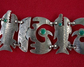 Cuff Bracelet in sterling silver and turquoise enamel, Graziella Laffi style, Maya, Inca, Pre-Columbian, Peru, 50s, Free shipping