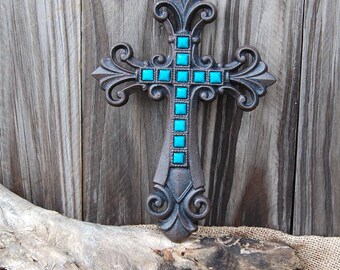 Wall cross, cast iron cross, Turquoise cross, jeweled cross, decorated cross, wall cross, rustic cross, housewarming gift, iron anniversary