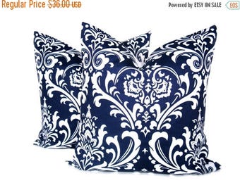 15% Off Sale Blue Pillow 20 x 20 pillow cover Set of TWO Navy Blue Pillow Blue Pillow Decorative Throw Pillows Printed fabric both sides Dar