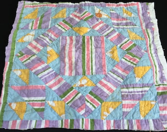 Vintage Hand Quilted Pastel Striped Fabric Cutter Quilt Piece