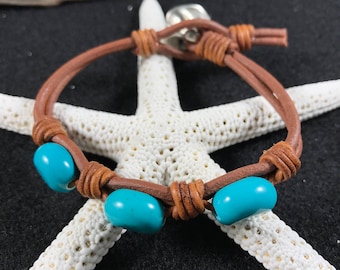Leather and Stone Bracelet, Leather And Turquoise Stone Bracelet, Leather Bracelet , Three Stone Leather Bracelet, Three Stone Bracelet