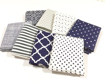 Navy and Gray Fabric Bundle - Quilting Quality Cotton Fat Quarter Fabric Bundle Ideal For Baby Nursery & Quilt Making