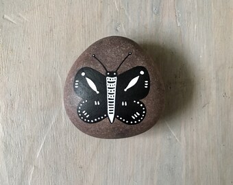 Black and White Butterfly - Painted Stone - Animal Illustration, Insect - Beach Pebble, Rock Art - by Natasha Newton