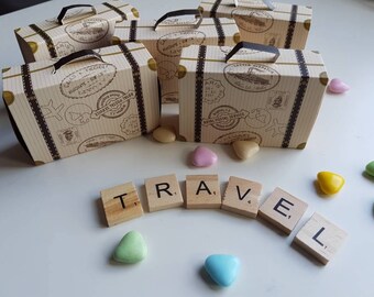 Vintage style mini suitcase favour boxes travel theme wedding.Sweets,candy, chocolates,thank you gift.Love is sweet stamped tags,Ivory,brown