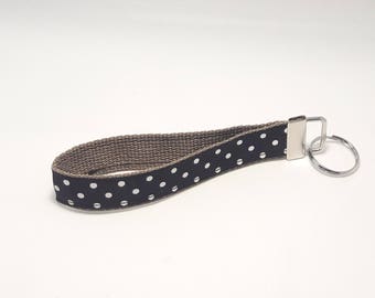 Keychain / Wristlet / Key Fob / Tan Webbing, Black Ribbon with Off White Polka Dots