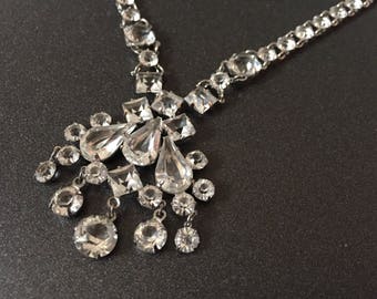 Vintage Rhinestone Necklace, Formal Jewelry, Clear Open Back Cupped Rhinestones on Silver Rhodium Plated Metal, 16" Necklace
