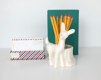 Haeger Deer and Tree Stump Planter, Woodland Deer Planter, Haeger, USA Pottery, Woodland Decor, Succulent Planter, Pencil Holder, Kitsch
