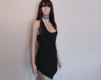 90s Vtg Halterneck Beach Glitter Grunge Summer Psy Handkerchief Hem Goth Sun Dress size Small