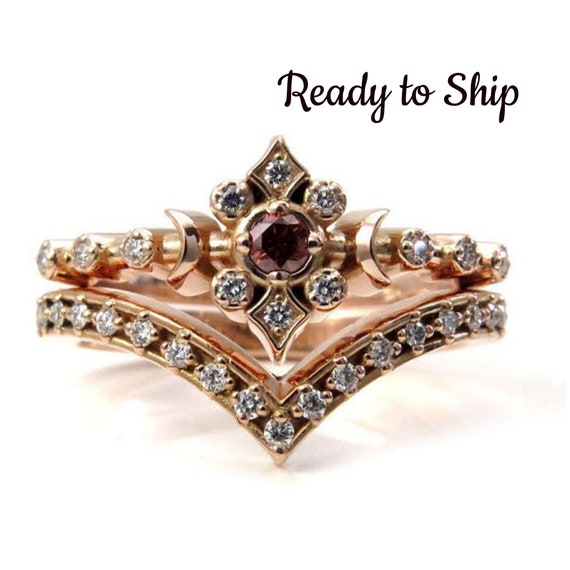 Ready to Ship Size 6 - 8 - Irradiated Peach and White Diamond Tiny Moon Engagement Ring Set - 14k Rose Gold