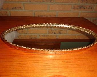 Vintage Gold Gilt Oval Round Vanity Perfume / Jewelry Dresser Mirror Tray
