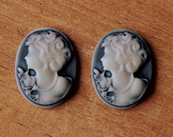 2pcs Plastic cabochons 26mm x 37mm with a lady portrait in white on grey