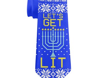 Menorah Get Lit Ugly Hanukkah Sweater All Over Neck Tie