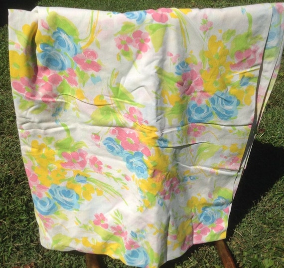 Pastel Flowers Bedsheet + Bibb + 1980s + Vintage Linens