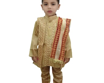 Indian Kids Wear Sherwani Dress ( Kurta, Pajama, jacket, dupatta Set ) Boys Silk Dress embroidered Suit