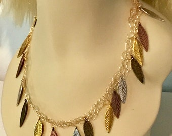 Wired crochet necklace with leaves