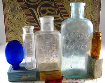 Antique Medicine Bottles, 5, Samples, Santal de Midy Venereal Diease, Mulford Tablets, Cobalt Blue, Aqua, Old Vintage, Colored Bottle