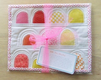 Quilted Mug Rug snack mat, pink yellow orange Gift basket ideas for women, mini quilt kitchen counter mat, large coaster, small placemat
