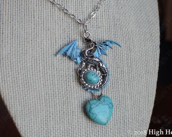 Turquoise Dragon Necklace - Gemstone Dragon Jewelry - Gemstone Heart - Turquoise Jewelry - Turquoise heart - Crystal Necklace