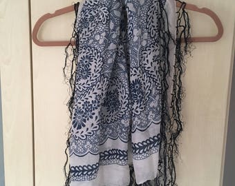 Blue and White Patterned Scarf