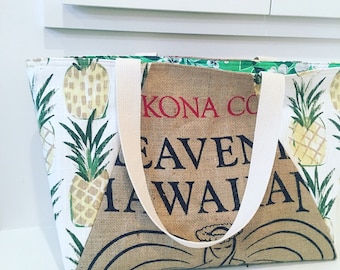 Heavenly Hawaiian Coffee Sack Tote / Beach Bag/ Market Tote/ Pineapples