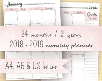 2018 Monthly Planner, Printable Planner 2018-2019, Month On Two Pages, A5 Calendar & A4, Letter (8.5 x 11) Planner Pages