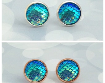 Aqua Blue Mermaid Earrings, Mermaid Scale Studs, Dragon Scale Earrings, Blue Earrings, Dragon Accessories, Mermaid Gift, Fantasy Gift