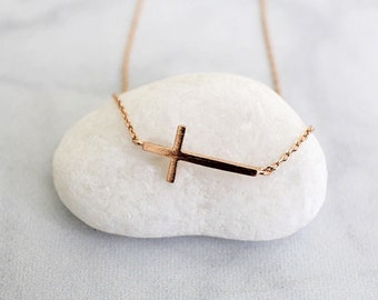 Dainty Rose Gold Side Way Cross Necklace,Rose Gold Cross Necklace, Gift for Best Friends,Birthday Gift-3009