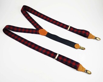 Vintage TARTAN PLAID WOOL Suspenders-Braces / Red & Blue Wool Suspenders made by Colours in the 1980's - 90's Great Christmas-Birthday Gift!