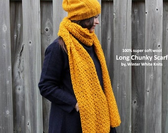SOFT WOOL SCARF, Long knit scarf, mustard yellow scarf, 100% soft new wool, handknit scarf, womens fashion accessories, soft and cozy