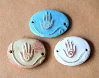 3 Handmade Ceramic Beads - Hamsa Bracelet Beads - Stoneware Link Beads - Rustic Cuff Connectors in Brown Stoneware
