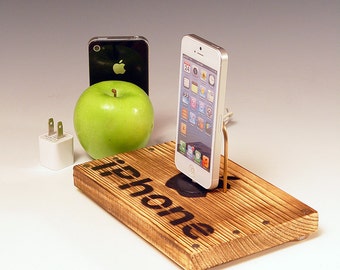 Docking station for any iPhone. INCLUDES wall charger. Rustic wood. Crate wood. 587. FAST SHIPPING.
