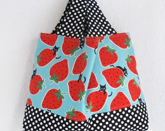 Strawberries and Cats Fabric Tote Bag | Medium handbag to use as a market tote grocery shopping bag, carry all, project tote or storage bag.