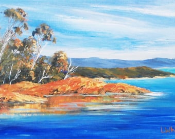 Original acrylic painting. Seascape painting. Orange rock reflections.Vibrant seascape. Landscape painting. Nature painting.