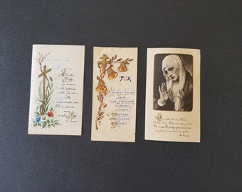 3 pcs vintage french rhodoïd handpainted prayer cards, holy cards, saint cards, christian saint cards, paper ephemera, prayer booklets